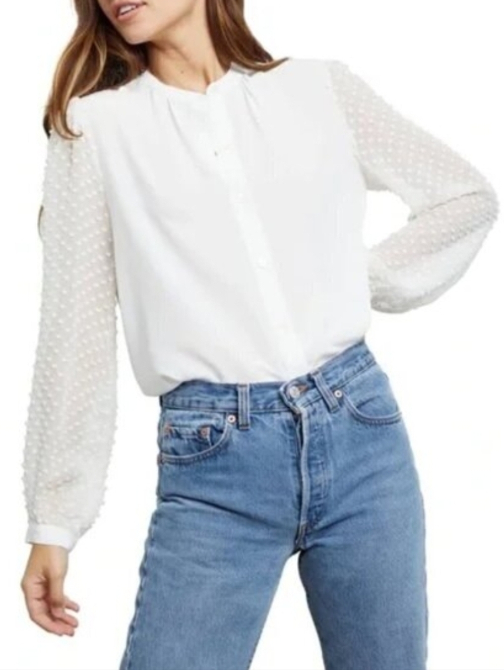 Rails Camilla Silk Blouse Clip Dot Sheer Sleeve Button Down Ivory Like-New - L